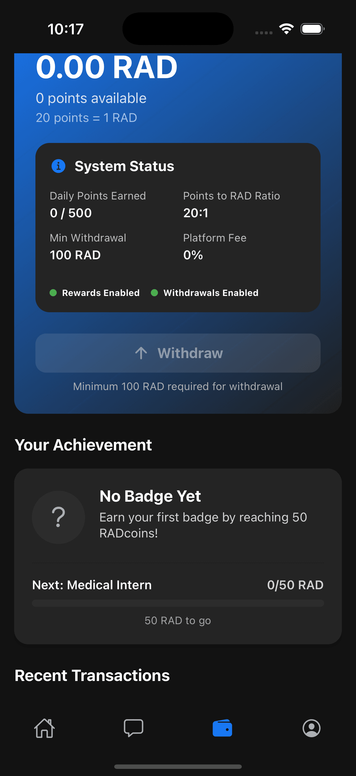 Radcoin rewards dashboard tracking token balance, comment ratings, badges, and professional milestones